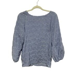 LOFT Blue White Striped Eyelet Button Back Blouse Women's Large Preppy Nautical